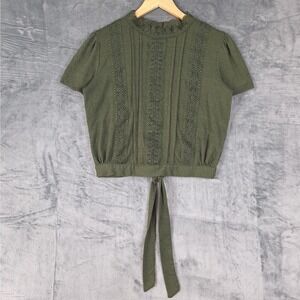 Womens Top Medium Green Boho Forest Fairy Goblincore Cropped Crochet Lace Gauze